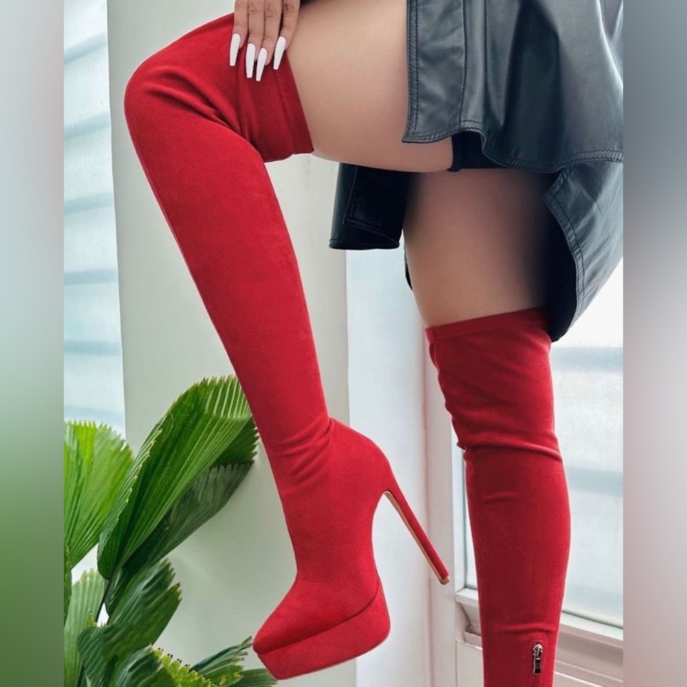 Elodie Red Over-The-Knee Stretch Boots